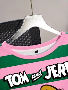 TOM & JERRY X SHEIN Plus Size Contrast Striped & Cartoon Letter Graphic Tee - White - View 4