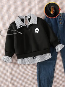 SHEIN 女童與中性休閒拼接 Polo 領運動衫，花卉印花圖案裝飾，適合通勤、上學、日常休閒、運動，秋冬穿著 - 黑色 - 查看 5