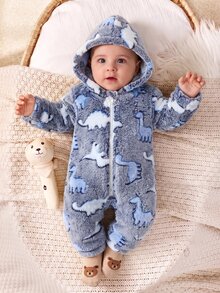 SHEIN 新生兒恐龍印花拉鍊連帽法蘭絨睡衣連身衣 - 藏蓝色 - 查看 3