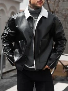 Manfinity CasualCool Jaket Kulit PU Pria dengan Kerah Kontras - Hitam - View 3
