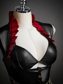 SHEIN ICON Y2K女款萬聖節Cosplay黑色哥德風束腰派對裝，對比色立領長下擺 - 黑色 - 查看 3