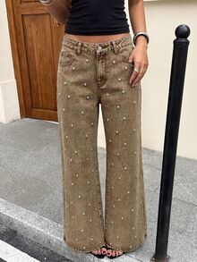 Comfortcana Jeans de pierna ancha con detalles de pedrería - Granate - Ver 7