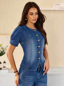 Selenza Women's Summer Casual Petal Sleeve Denim Top - Blue - View 4