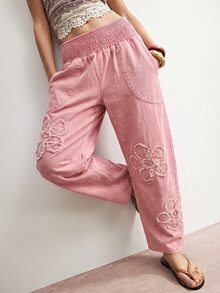 Bohemela Floral Embroidery Straight Leg Pants - Pink - View 6