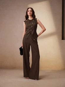 Anewsta Women Two-Piece Outfits - Coffee Brown - View 5