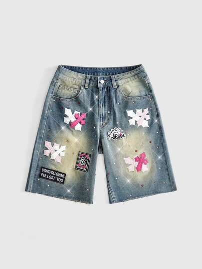 Grunge Punk Shorts de mezclilla lavados con detalle de parches cruzados