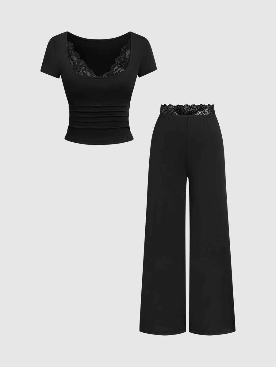 Sweetra Set Kaos dan Celana Panjang Model Lebar Warna Hitam Polos dengan Detail Renda Kontras - Hitam - View 1