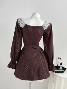 Elamini Polka Dot Print Contrast Lace Flounce Sleeve Bow Front Dress - Coffee - View 2