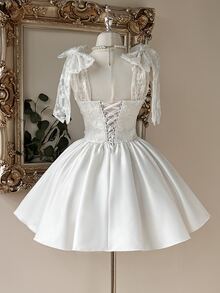 Lovelzi Contrast Lace Tie Shoulder Bridal Shower Dress - White - View 2