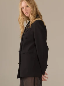 KÆRIA Hus Belted Double-Breasted Tuxedo Blazer - Crepe Suiting - Black - Tailored, Office, Elegant Classy Business Professional, Summer - Black - View 4