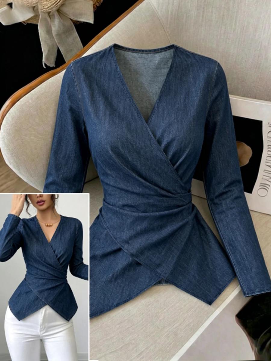 SHEIN Franclia Solid Wrap Asymmetrical Hem Blouse - Blue - View 1