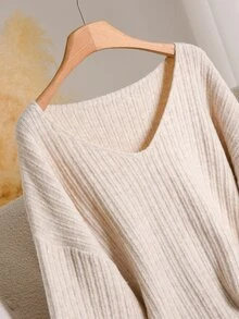 CosyJoli Sweater Rajut Bergaris dengan Bahu Jatuh Ukuran Plus - Aprikot - View 4