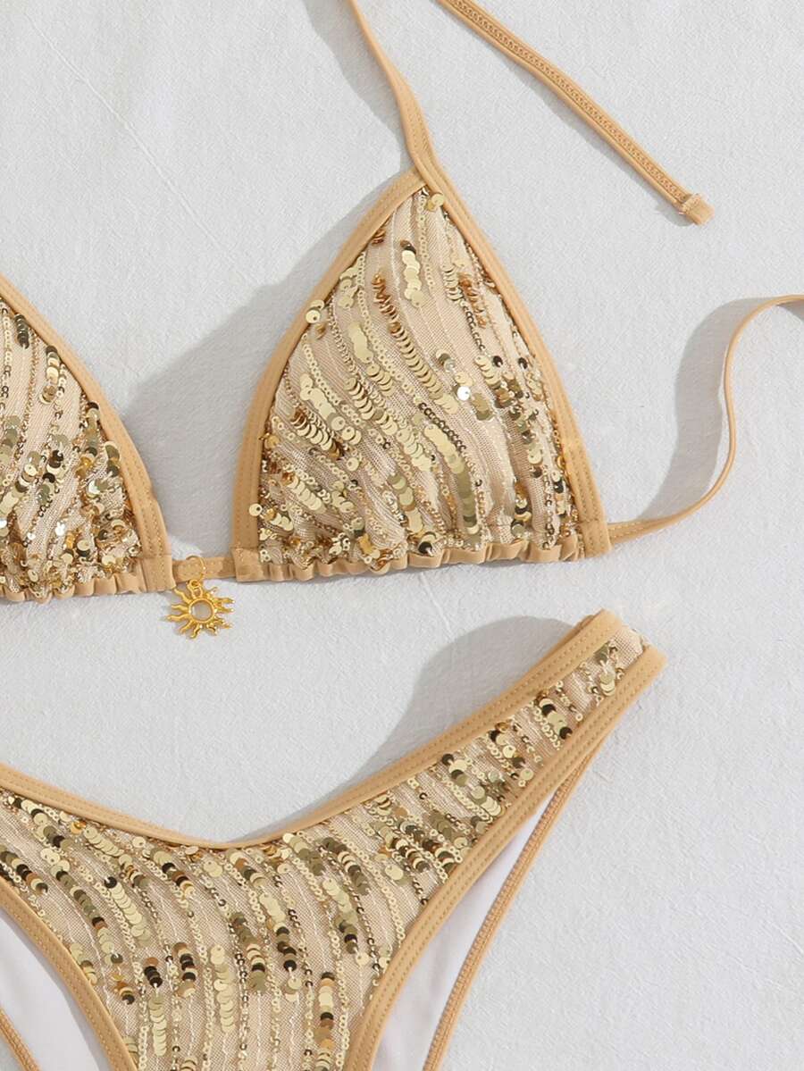 SHEIN Swim Summer Beach Sequin Halter Triangle Bikini Swimsuit - Gold - View 1