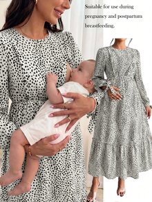 SHEIN 孕婦哺乳圓領波點印花洋裝 - 白色 - 查看 1