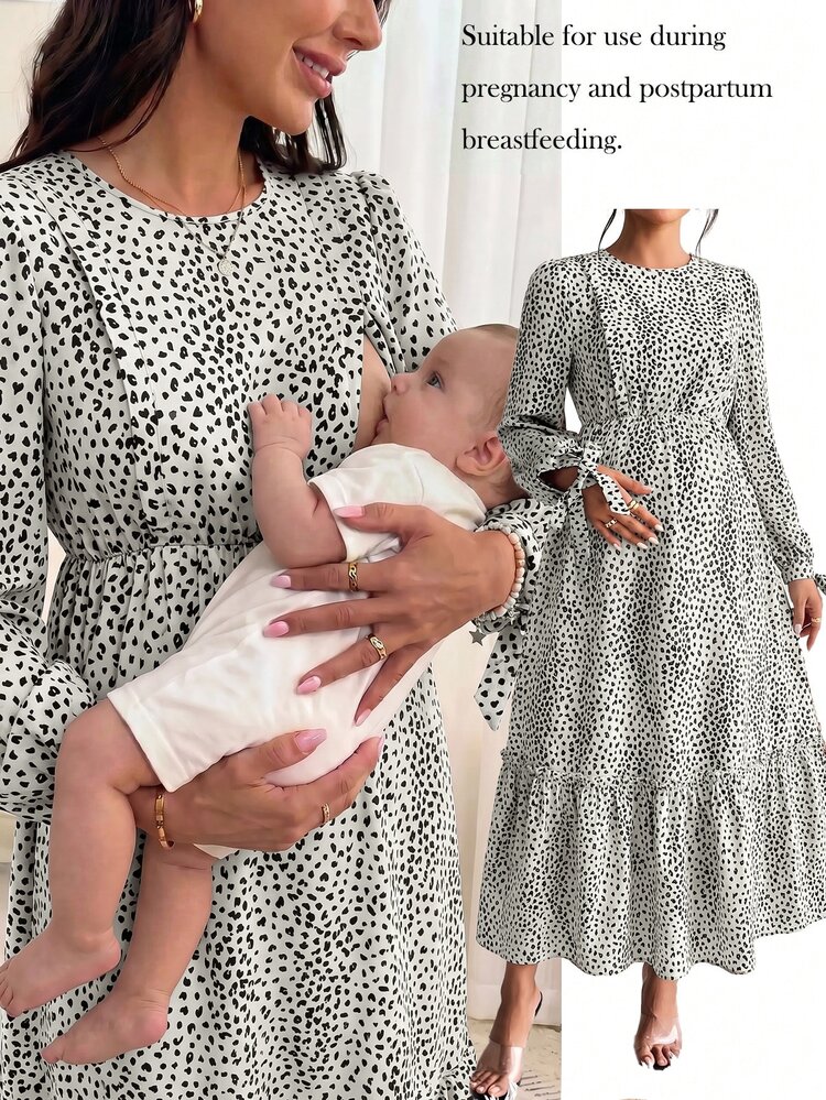 SHEIN Maternity Nursing Polka Dot Print Round Neck Dress Fall - White - View 1