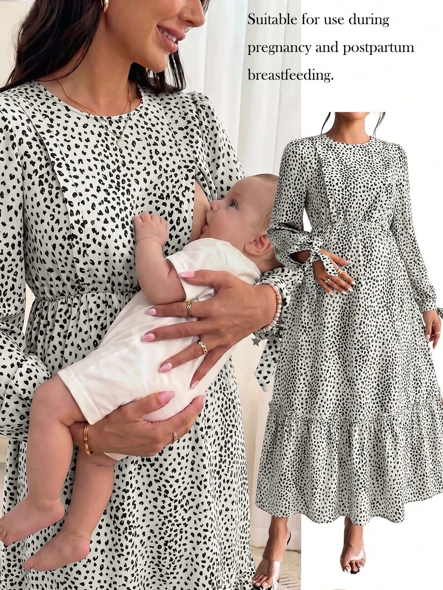 SHEIN 孕婦哺乳圓領波點印花洋裝 - 白色 - 查看 1