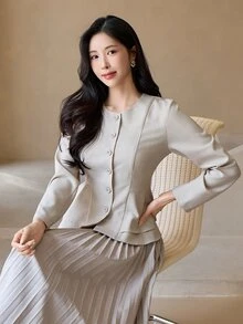DAZY Women's Solid Color Single-Breasted Ruffle Hem Elegant Blouse Fall - Apricot - View 3