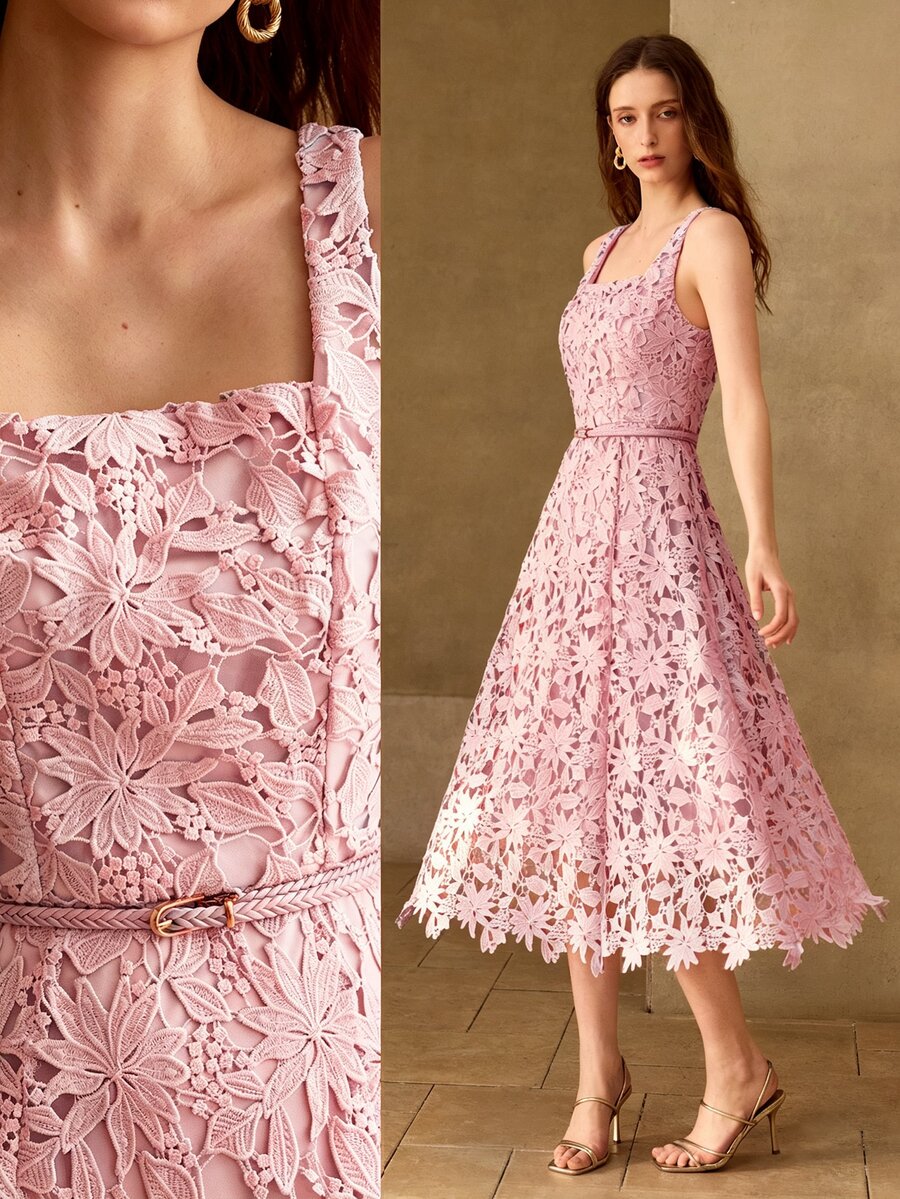 MOTF PREMIUM 1PC FLORAL EMBROIDERY GUIPURE LACE CAMI DRESS - Pink - View 2