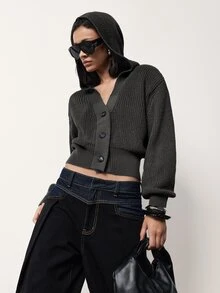 MERLEAU-F Solid Drop Shoulder Button Placket Hooded Crop Cardigan,Long Sleeve Tops For Women,Office Travel Vacation Casual,Work Autumn Sweaters Grey - Dark Grey - View 8