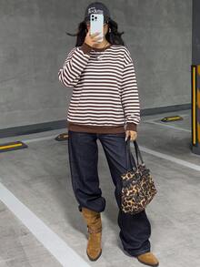 SHEIN EZwear 條紋印花落肩衛衣 - 彩色 - 查看 2