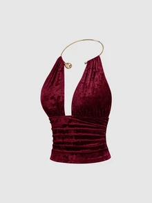 Sweetra Ruched Backless Metal Detail Halter Top - Burgundy - View 1