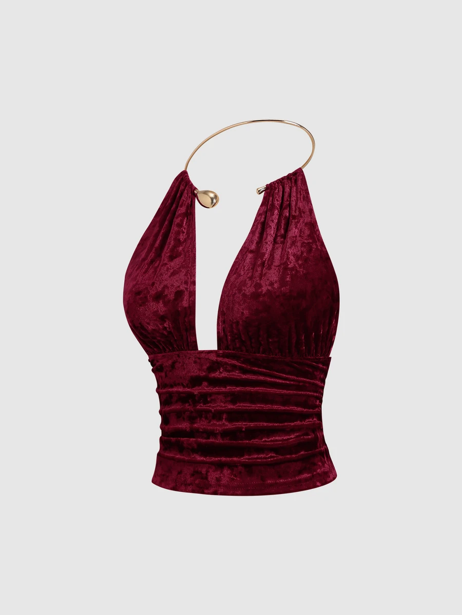 Sweetra Ruched Backless Metal Detail Halter Top - Burgundy - View 1