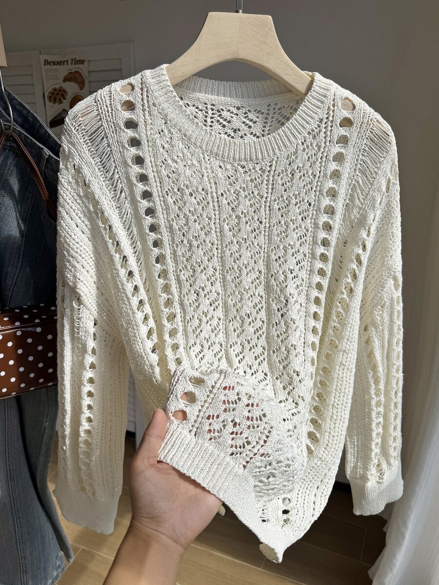 Comfortcana Plus Solid Pointelle Knit Sweater Fall - White - View 1