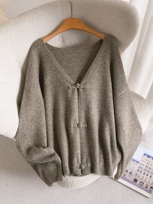 CosyJoli Plus Size Drop Shoulder Oversize Frog Button Cardigan - Khaki - View 5