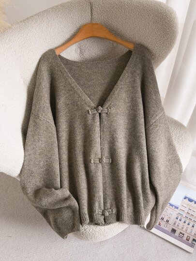 CosyJoli Plus Size Drop Shoulder Oversize 1920 Vintage Elegant Casual Frog Button Cardigan Morning Evening Formal Grey, Fall/Winter, Thanksgiving, New Year