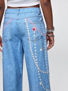 THE POWERPUFF GIRLS X SHEIN Celana Jeans Denim Wanita Motif Kartun dengan Kantong Kancing - Biru - View 3