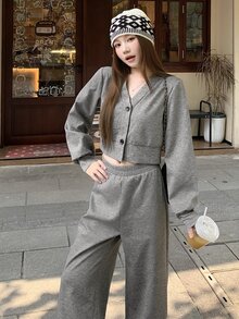 DAZY Women's Casual Cardigan Crop Top And Wide Leg Pants 2 Pieces Set Cute Tops - Grey - View 10