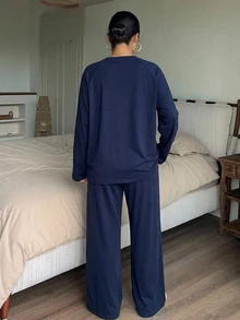 Dazy Plus 字母印花寬鬆短袖T恤與長款針織睡褲2件套大尺碼女款春夏秋居家服 - 藏蓝色 - 查看 4