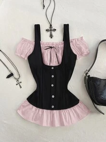 Elamini เสื้อยืด 2 in 1 แต่งสีบล็อก ชายระบาย ติดกระดุมด้านหน้า - สีชมพู - ดู 8