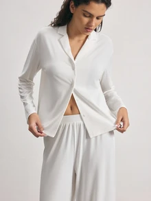 Ocili Notched Collar Buttoned Front Blouse & Pants PJ Set - White - View 5