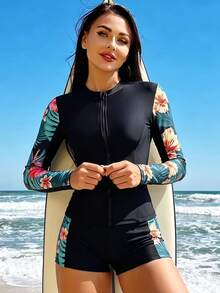 Swim SPRTY مجموعة راش جارد بطبعة استوائية بوهيمية شاطئية بسحاب أمامي وأكمام طويلة - متعدد الألوان - مشاهدة 5