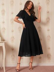 Amorya Surplice Neck Flounce Sleeve Dress - Black - View 7