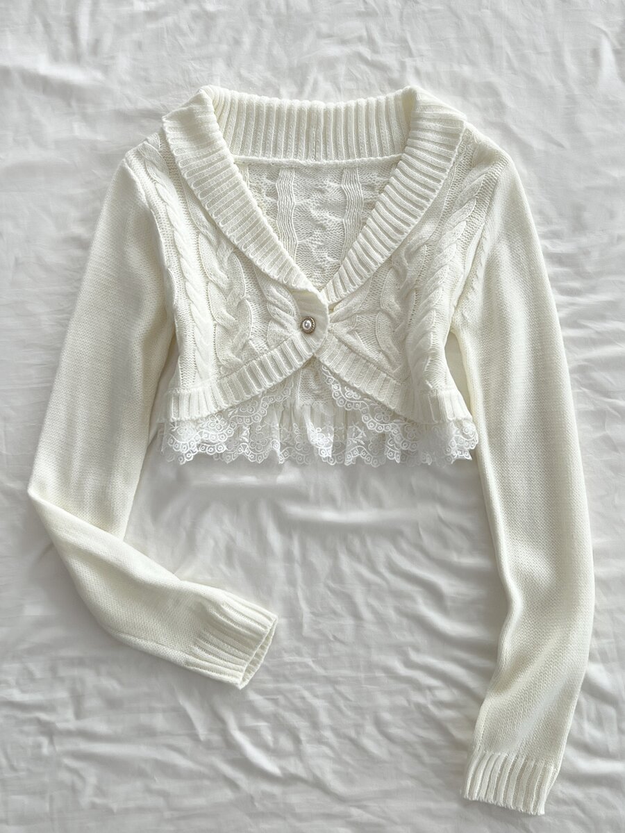 Elamini Women's Lace Button Decor Cable Knit Short Long Sleeve Cute Delicate Atmosphere Cardigan - White - View 1