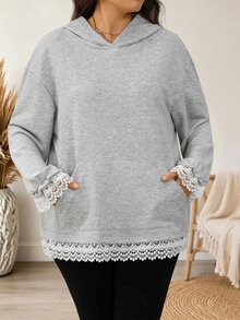 EMERY ROSE Plus Size Women's Contrast Lace Cuff Loose Casual Hooded Sweatshirt - Grey - View 3