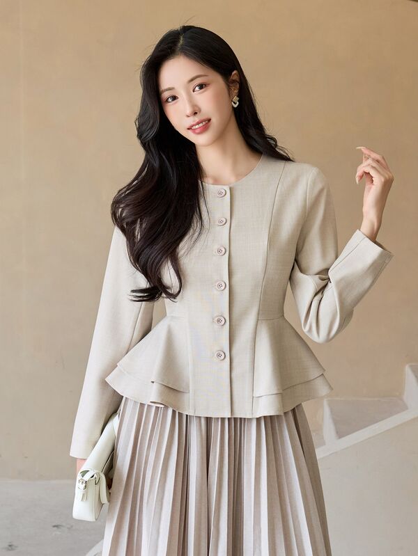 DAZY Blus Elegan Wanita Warna Polos Kancing Tunggal dengan Hem Berumbai untuk Musim Gugur