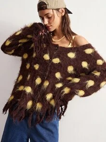 Bohemela Polka Dot Pattern Fringe Trim Drop Shoulder Sweater - Coffee Brown - View 5