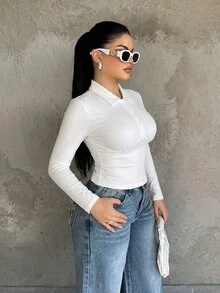 SHEIN SXY Women T-Shirts Night Out Autumn Sexy,White Top, - White - View 6