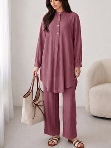 Solavon Solid Button Front Longline Blouse & Pants - Dusty Pink - View 7
