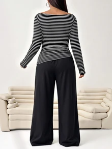 Solflare Plus Size Striped Print Long Sleeve Slim Fit Tee & Wide Leg Pants Set - Multicolor - View 2
