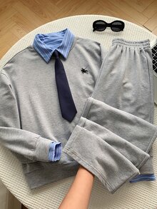 Comfortcana Contrast Collar 2 In 1 Top & Pants With Tie - Light Grey - View 3