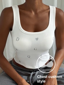Livesso Camiseta de tirantes corta para dormir con estampado de corazón y letra, estilo cojín en el pecho - Blanco - Ver 3