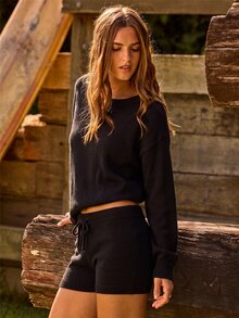 Aralina Drop Shoulder Sweater & Drawstring Waist Knit Shorts - Black - View 5