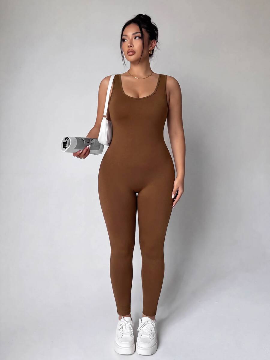 SHEIN Velisys Plus Solid Scoop Neck Sports Jumpsuit - Coffee Brown - View 1