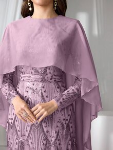 Coutiva 女款亮片披肩式正式晚禮服洋裝（重工裝飾） - 西瓜粉 - 查看 8
