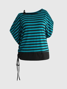 ROMWE Grunge Punk Camiseta 2 en 1 con cordón lateral y rayas de contraste para tallas grandes - Multicolor - Ver 1