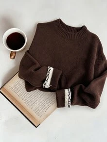 Muvela Contrast Trim Drop Shoulder Sweater Brunch Daily Brown And Cream Autumn Minimalist Casual - Brown - View 6